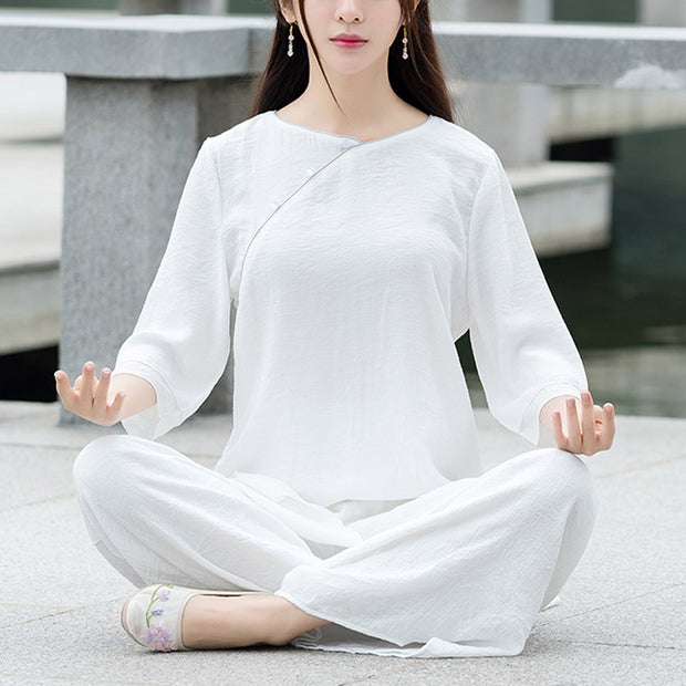 Buddha Stones 2Pcs Simple Design White Top Pants Meditation Yoga Zen Tai Chi Cotton Linen Clothing Women's Set