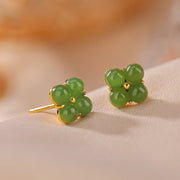 Buddha Stones 925 Sterling Silver Plated Gold Natural Cyan Jade Four Leaf Clover Luck Stud Earrings Earrings BS 1