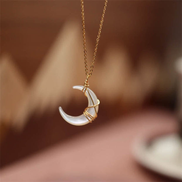 Buddha Stones Natural Tridacna Stone Crescent Moon Blessing Necklace Pendant Necklaces & Pendants BS White