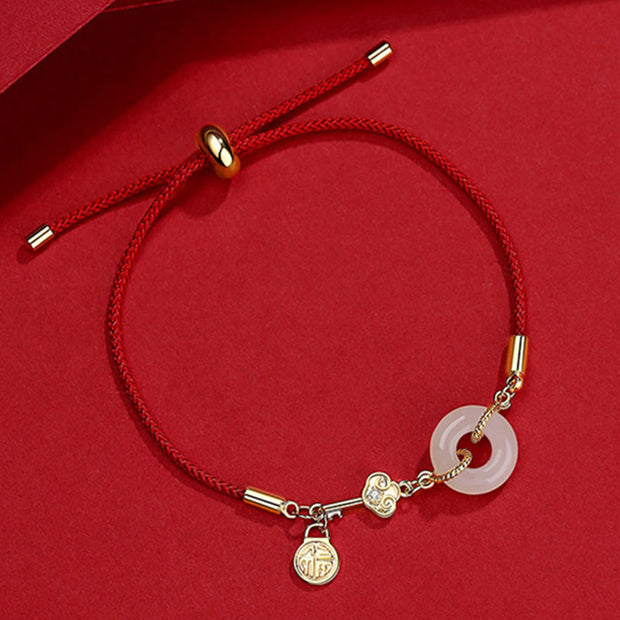 Buddha Stones 18K Gold Plated Hetian Jade Peace Buckle Fu Character Luck Red Rope Bracelet Bracelet BS 1