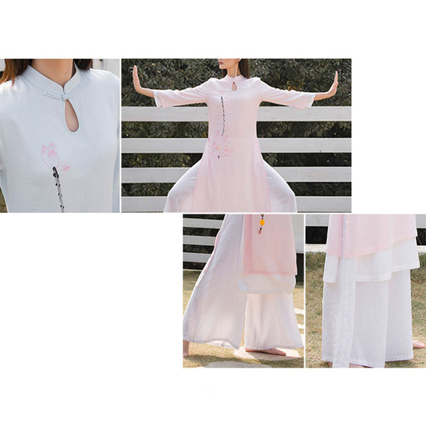 Buddha Stones 2Pcs Lotus Pattern Tai Chi Meditation Yoga Cotton Linen Clothing Top Pants Women's Set