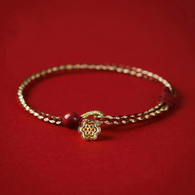 Buddha Stones Handmade 925 Sterling Silver Lotus Cinnabar Gold Bead Blessing Braid Bracelet