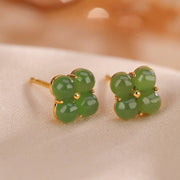 Buddha Stones 925 Sterling Silver Plated Gold Natural Cyan Jade Four Leaf Clover Luck Stud Earrings Earrings BS 5