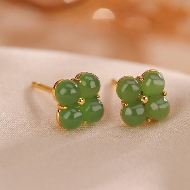 Buddha Stones 925 Sterling Silver Plated Gold Natural Cyan Jade Four Leaf Clover Luck Stud Earrings Earrings BS 5