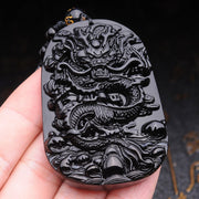 Buddha Stones Black Obsidian Stone Dragon Fulfilment Pendant Necklace Necklaces & Pendants BS 2