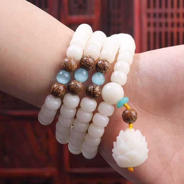 Buddha Stones White Bodhi Seed Mala 108 Beads Luck Bracelet Bracelet BS 1