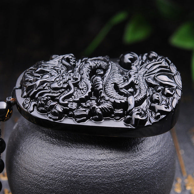 Buddha Stones Black Obsidian Stone Dragon Fulfilment Pendant Necklace Necklaces & Pendants BS 3