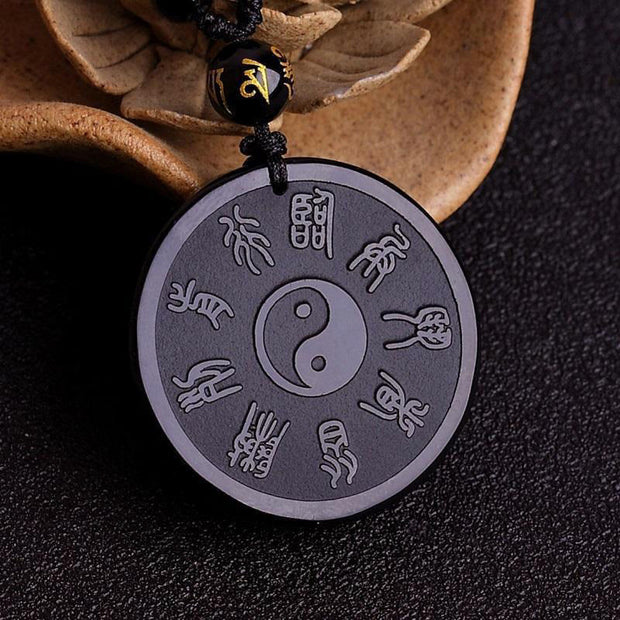 Buddha Stones Natural Black Obsidian Taoism Five Sacred Mountains Nine-Character Mantra Carved Strength Yin Yang Necklace Pendant Key Chain