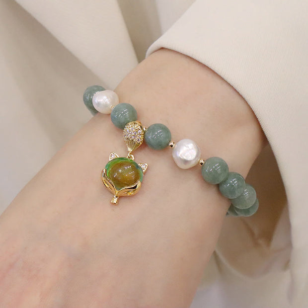 Buddha Stones Jade Pearl Color-Changing Fox Charm Luck Bracelet