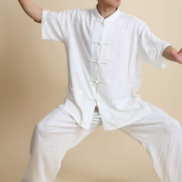 Buddha Stones Meditation Zen Prayer Spiritual Tai Chi Qigong Practice Unisex Embroidery Clothing Set Clothes BS Short Sleeve White XXXL