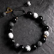 Buddha Stones Black Obsidian Lava Rock Stone Yin Yang Strength Bracelet Bracelet BS Black Obsidian&Lava Rock