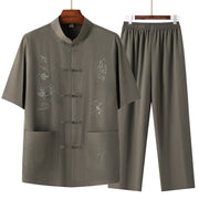 Buddha Stones Tang Suit Hanfu Chinese Dragon Traditional Kung Fu Uniform Short Sleeve Tops and Pants Clothing Men's Set