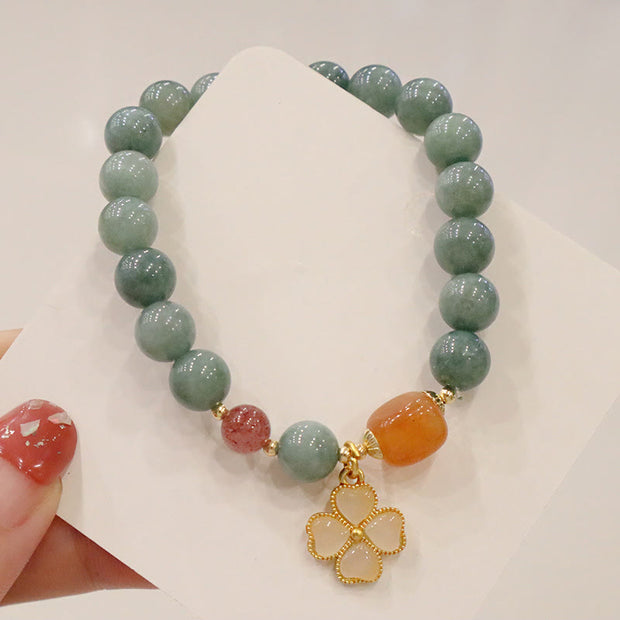 Buddha Stones Jade Four Leaf Clover Charm Prosperity Bracelet