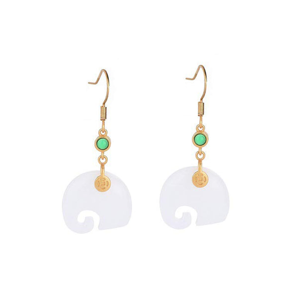 Buddha Stones FengShui Elephant White Jade Fortune Earrings Earrings BS 4