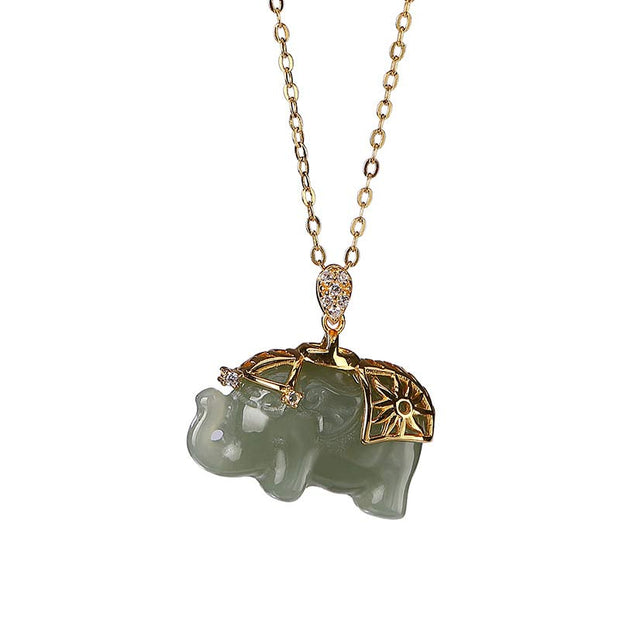 Buddha Stones 925 Sterling Silver Jade Elephant Blessing Fortune Necklace Chain Pendant Necklaces & Pendants BS 8