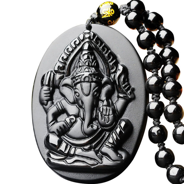 Buddha Stones Tibetan Obsidian Ganesh Ganpati Elephant Wealth Amulet Necklace