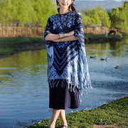 Buddha Stones Blue Striped Floral Indigo Dyeing Shawl Tassels Cozy Pullover 90*95cm 8