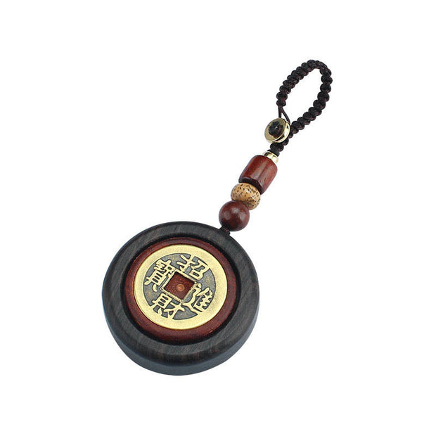 Buddha Stones Copper Coin Attract Wealth Ebony Wood Red Sandalwood Luck Key Chain Decoration Key Chain BS 7