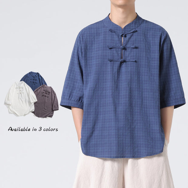 Buddha Stones Frog-Button Plaid Pattern Chinese Tang Suit Half Sleeve Shirt Cotton Linen Men Clothing Men's Shirts BS LightSteelBlue 5XL(Fit for US/UK/AU48; EU58)