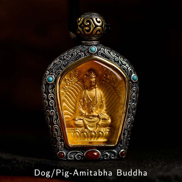 Buddha Stones 925 Sterling Silver Chinese Zodiac Natal Buddha Om Mani Padme Hum Engraved Wisdom Necklace Pendant Necklaces & Pendants BS Dog/Pig-Amitabha Buddha