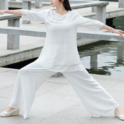Buddha Stones 2Pcs Simple Design White Top Pants Meditation Yoga Zen Tai Chi Cotton Linen Clothing Women's Set Clothes BS 4
