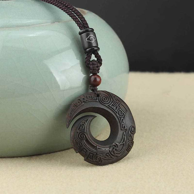 Buddha Stones Ebony Wood Sandalwood One's Luck Improves Design Pattern Peace Necklace Pendant