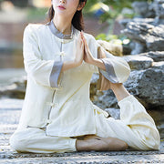 Buddha Stones 2Pcs Frog-Button Long Sleeve Shirt Top Pants Meditation Zen Tai Chi Cotton Linen Clothing Women's Set Women's Meditation Cloth BS 1