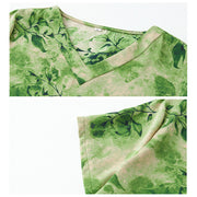 Buddha Stones V-Neck Green Leaves Flowers Pattern Short Sleeve Midi Dress With Pockets