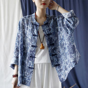 Buddha Stones Retro Blue White Flowers Frog-Button Design Long Sleeve Ramie Linen Jacket Shirt 6
