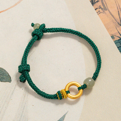Buddha Stones 999 Sterling Silver Peace Buckle Hetian Jade Bead Luck Green Rope Braided Bracelet 1