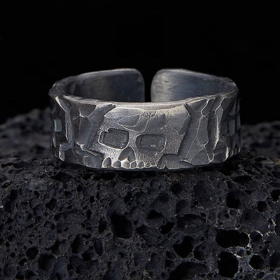 Buddha Stones 999 Sterling Silver Skeleton Pattern Handmade Blessing Ring