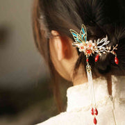 Buddha Stones Classical Chinese Style Flower Branche Butterfly Pearl Tassel Hair Clip Hair Comb Hair Crown