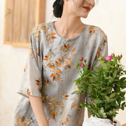 Buddha Stones Leaves Plant Pattern Half Sleeve Ramie Linen Chinese Cheongsam Midi Dress With Pockets