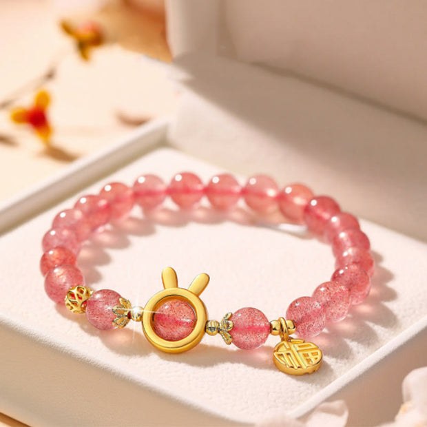 Buddha Stones Strawberry Quartz Fu Character Pink Crystal Healing Bracelet