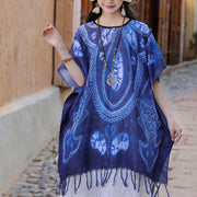 Buddha Stones Blue Geometry Batik Shawl Tassels Cozy Travel Pullover 90*95cm
