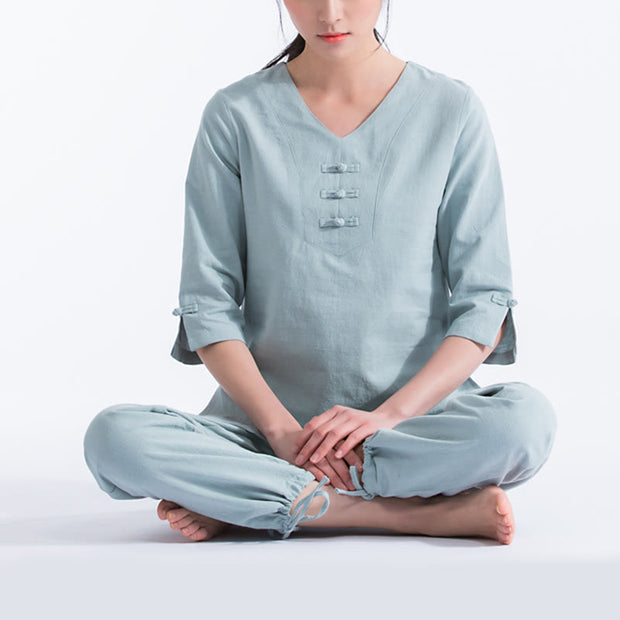 Buddha Stones Yoga Meditation Prayer V-neck Design Cotton Linen Clothing Uniform Zen Practice Women's Set Clothes BS LightCyan XXL