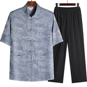 Buddha Stones Pine Tree Pavilion Garden Tang Suit Hanfu Traditional Uniform Short Sleeve Top Pants Clothing Men's Set