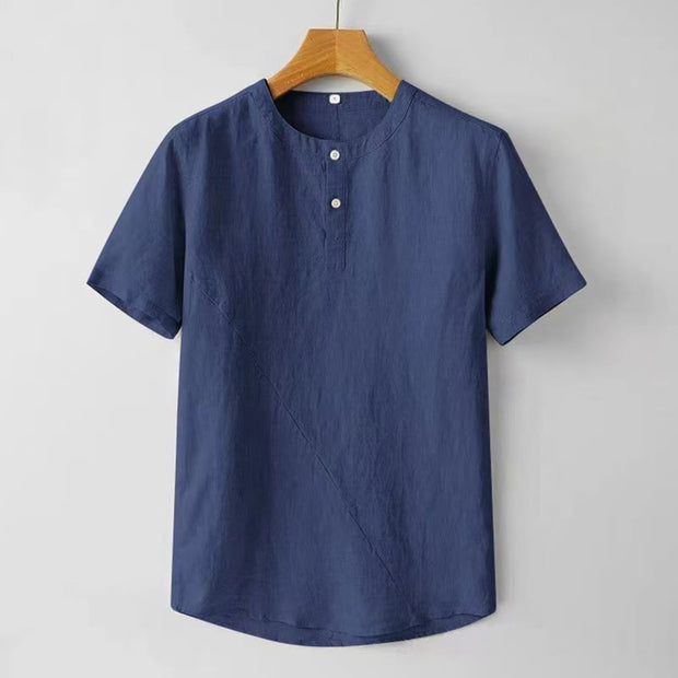Buddha Stones Summer Men's Solid Color Button Short Sleeve Linen Shirt Men's Shirts BS SteelBlue 4XL(Fit for US/UK/AU44; EU54)