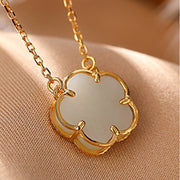 Buddha Stones 925 Sterling Silver Plated Gold Natural Hetian Jade Flower Luck Necklace Pendant Ring Set