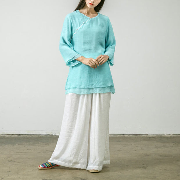Buddha Stones 2Pcs Tang Suit Shirt Top Pants Meditation Zen Tai Chi Tencel Clothing Women's Set Women's Meditation Cloth BS Blue Top&White Pants XL(Bust 108cm/Waist 70-104cm/Hips 108cm)