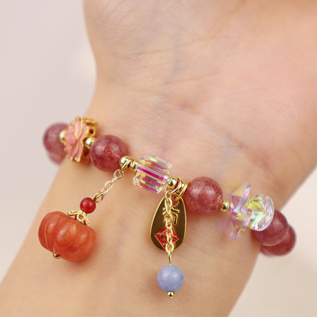 Buddha Stones Natural Strawberry Quartz Fu Character Pumpkin Charm Positive Bracelet Bracelet BS 7