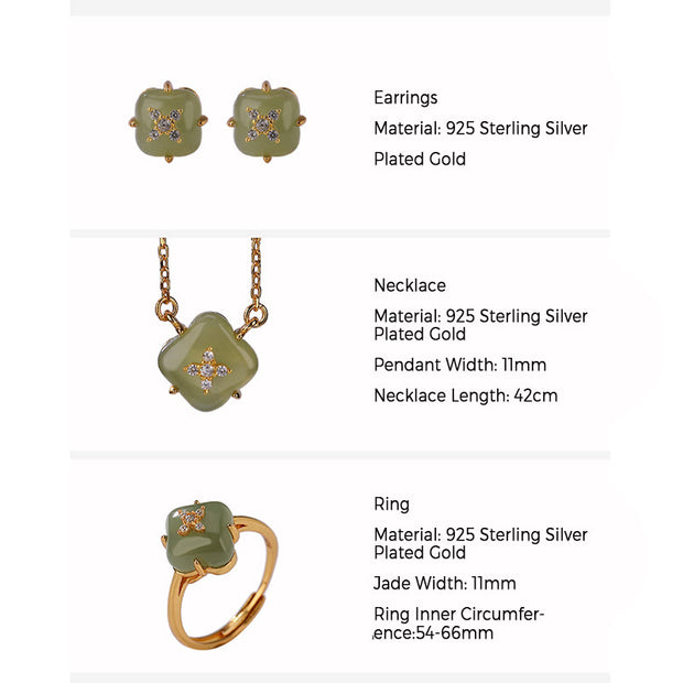 Buddha Stones 925 Sterling Silver Plated Gold Hetian Cyan Jade Rhombus Design Luck Necklace Pendant Ring Earrings Set