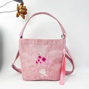 Buddha Stones Embroidery Wisteria Plum Lotus Cherry Blossom Cotton Linen Canvas Tote Crossbody Bag Shoulder Bag Handbag