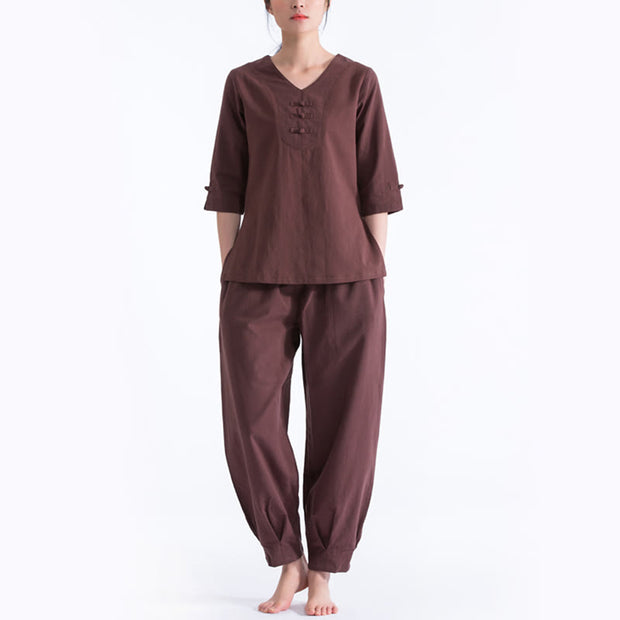 Buddha Stones Yoga Meditation Prayer V-neck Design Cotton Linen Clothing Uniform Zen Practice Women's Set Clothes BS Brown XXL