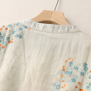 Buddha Stones Blue Flowers Orange Leaves Frog-Button Three Quarter Sleeve Cotton Linen Shirt Women's Shirts BS 3