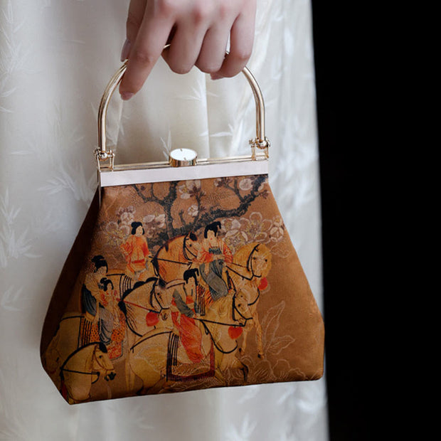 Buddha Stones Painting of Lady of Guoguo on a Spring Outing Metal Handle Handbag Handbags BS 11