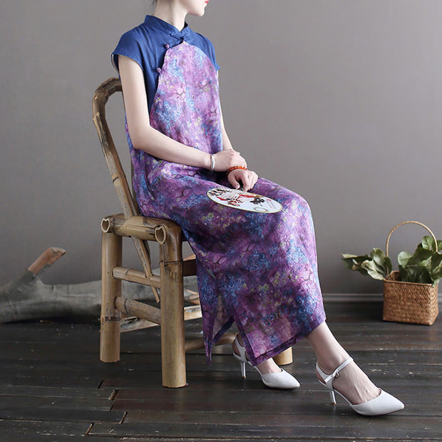 Buddha Stones Vintage Purple Flower Print Ramie Linen Cheongsam Midi Dress With Pockets Cheongsam Dresses BS 4