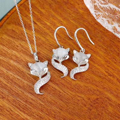 Buddha Stones 925 Sterling Silver Cat's Eye Cute Fox Support Necklace Pendant Earrings