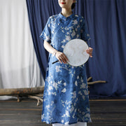 Buddha Stones Ramie Linen Blue White Flowers Branches Cheongsam Dresses Short Sleeve Dress 2