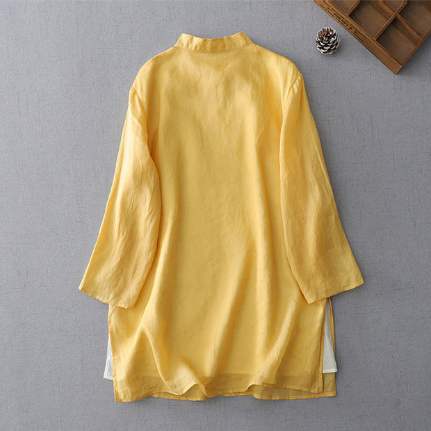 Buddha Stones Solid Color Frog-Button Three Quarter Sleeve Double Layer Cotton Linen Shirt